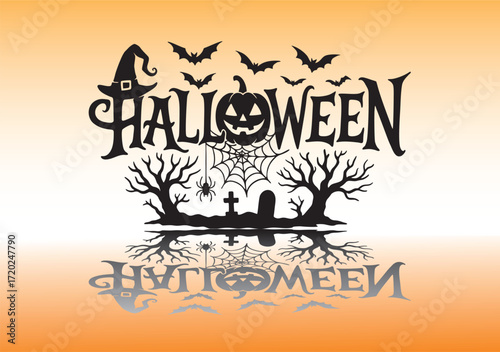 Halloween typography with bats, pumpkin, witch hat, spider web and graveyard silhouette. Spooky festive illustration for posters, invitations, party flyers and seasonal design.
