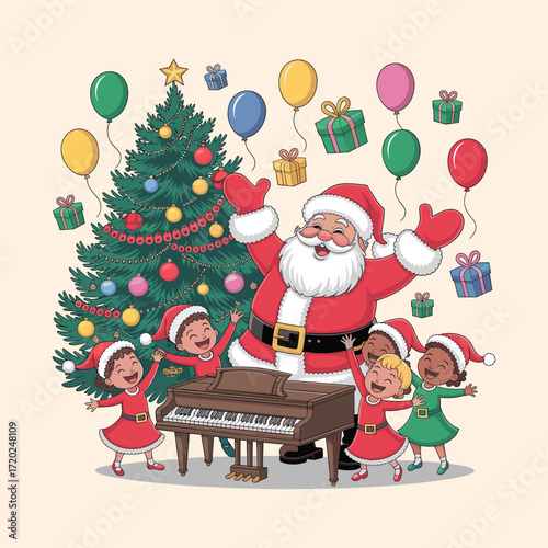"Santa Claus with Kids and Christmas Tree – Holiday Celebration and Gift Party Vector"