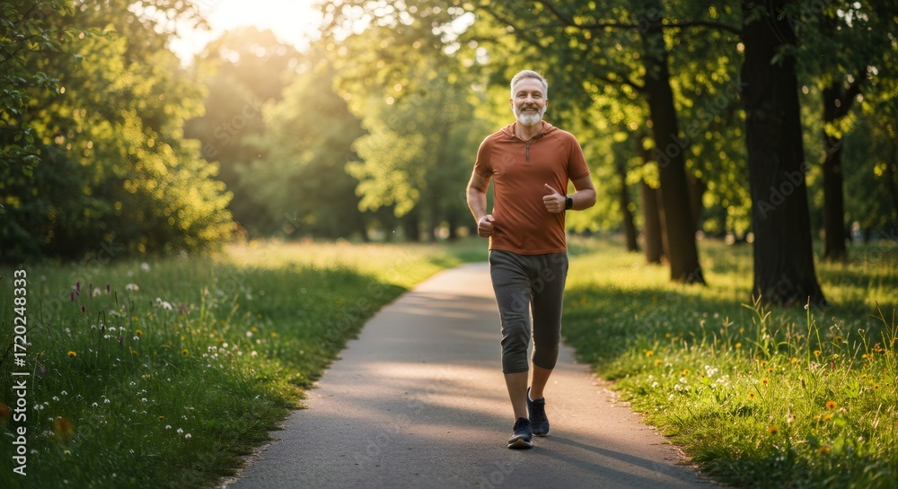 Obraz premium Smiling man running on a park path. Active lifestyle and sport. Happy senior man jogging outdoors at sunset.