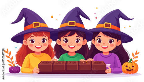 Adorable young witches celebrating a festive Halloween together while happily sharing a sweet chocolate treat