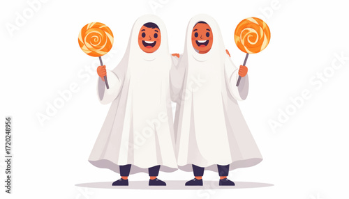 Twin Ghosts Enjoying Halloween Treats Spooky Sweetness