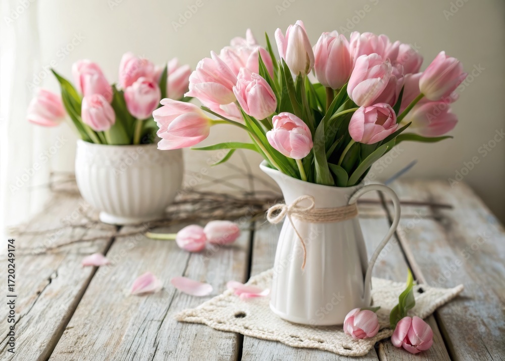 Obraz premium Arranging soft pink tulips in a white ceramic vase indoor floral display elegant home decor bright and airy environment close-up view of floral art
