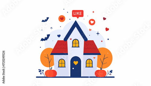 Cozy Home Vector Illustration with Halloween Elements and Social Media Theme