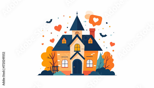 A whimsical illustration of a charming autumn house with floating hearts and bats, representing a beloved dream home or festive property