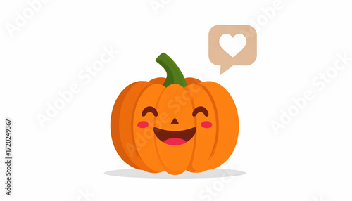Delightful Cartoon Pumpkin Character with Joyful Expression and Floating Heart Icon, Perfect for Autumn, Halloween, or Positive Concept Designs
