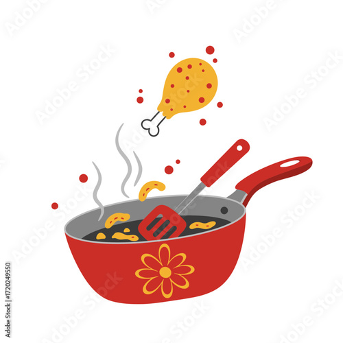 Colorful Frying Pan with Chicken Drumstick and Spatula Cooking Illustration