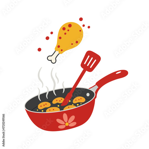 Colorful Frying Pan with Chicken Drumstick and Spatula Cooking Illustration