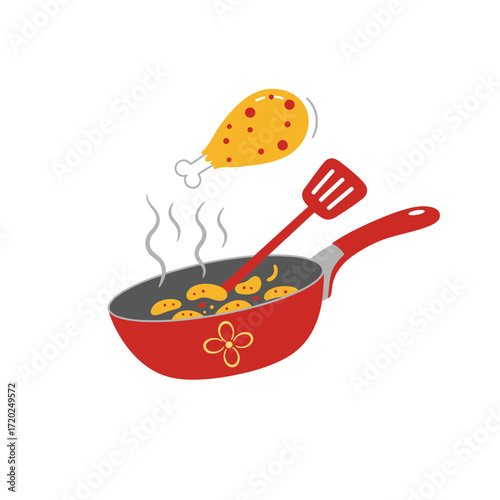 Colorful Frying Pan with Chicken Drumstick and Spatula Cooking Illustration