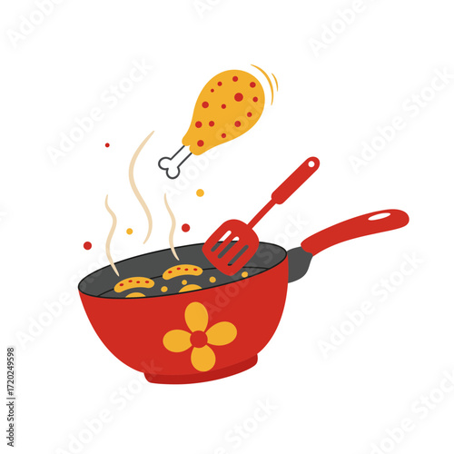 Colorful Frying Pan with Chicken Drumstick and Spatula Cooking Illustration