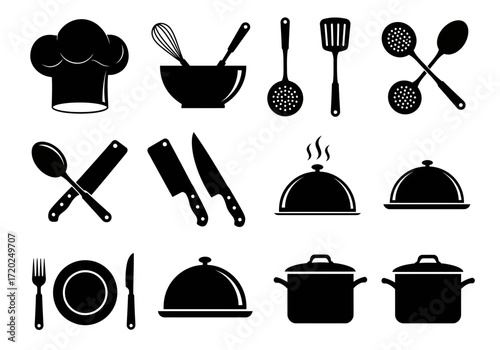 Essential Kitchen Icons: Cooking Tools and Utensils Silhouettes