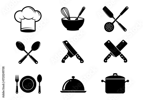 Essential Kitchen Icons: Cooking Tools and Utensils Silhouettes