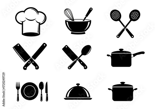 Essential Kitchen Icons: Cooking Tools and Utensils Silhouettes