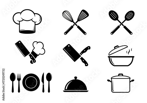 Essential Kitchen Icons: Cooking Tools and Utensils Silhouettes