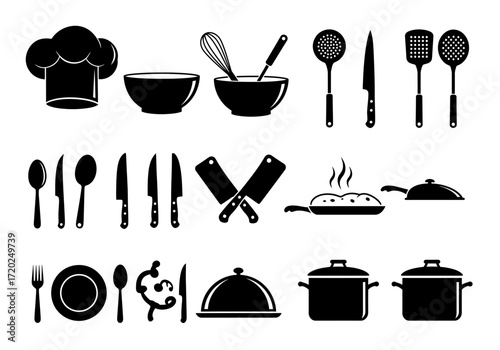 Essential Kitchen Icons: Cooking Tools and Utensils Silhouettes