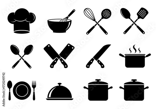 Essential Kitchen Icons: Cooking Tools and Utensils Silhouettes