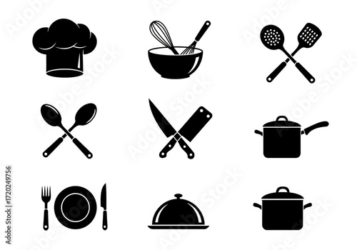 Essential Kitchen Icons: Cooking Tools and Utensils Silhouettes