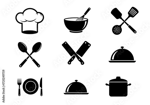 Essential Kitchen Icons: Cooking Tools and Utensils Silhouettes