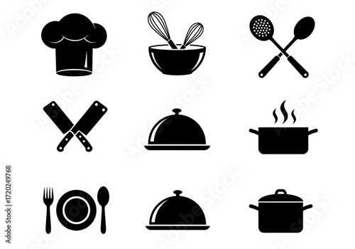 Essential Kitchen Icons: Cooking Tools and Utensils Silhouettes