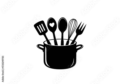 Kitchen Utensils in Cooking Pot Silhouette for Culinary and Food Branding
