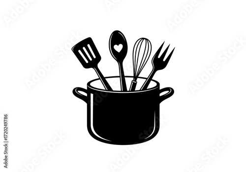 Kitchen Utensils in Cooking Pot Silhouette for Culinary and Food Branding