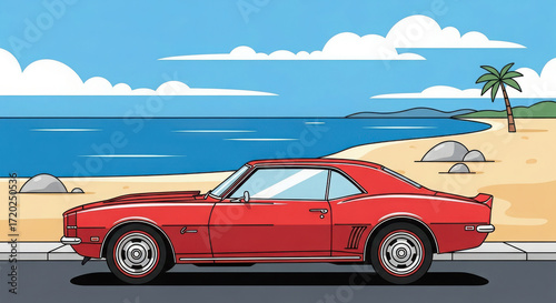 Classic red convertible car parked on beach road next to ocean