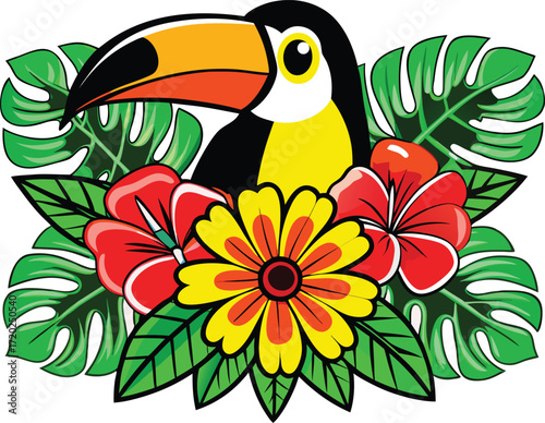Toucan Bird Surrounded by Tropical Leaves and Flowers jungle exotic