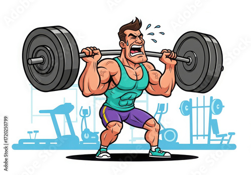 Muscular man lifting heavy barbell during intense weightlifting workout
