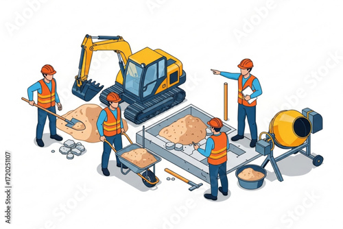 Isometric Construction Workers and Foundation Building Process