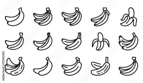 Vector set of banana fruit icons including peeled and unpeeled bunches for food and tropical themes