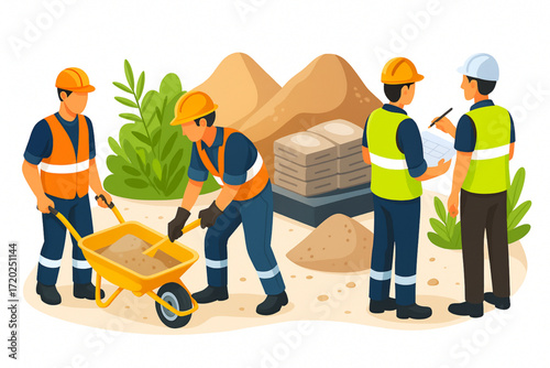 Construction Workers Team on Building Site Vector Illustration