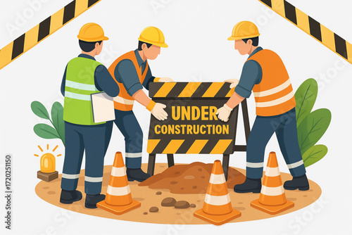 Construction Workers Setting Up Under Construction Sign with Safety Equipment Vector Illustration