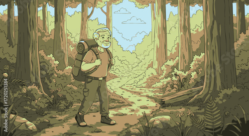 Elderly hiker with a backpack trekking through a sun-dappled forest path, enjoying a peaceful nature walk