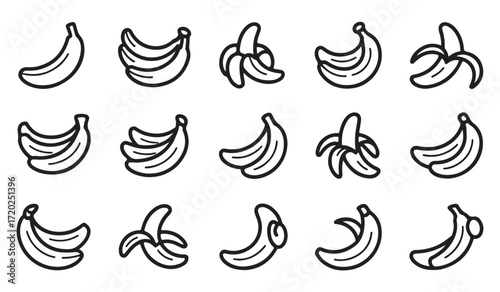 Minimal black stroke illustrations of tropical bananas for nutrition, diet, and healthy lifestyle projects