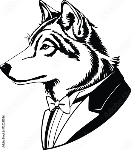 Wolf Head in Tuxedo with Bow Tie Profile Illustration canine animal