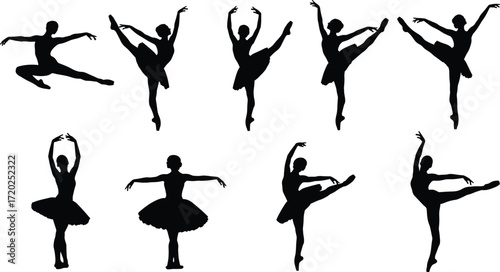 Ballet dancers silhouette, elegant poses, graceful movement, classical dance, flexibility, strength, arabesque, leaping, performance art, black figures, white background
