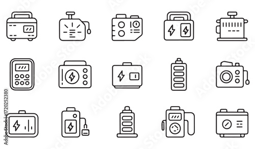 Minimal line style symbols of power stations, energy storage units, and backup electricity systems