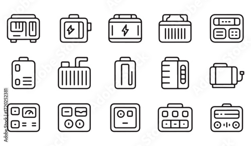 Collection of outline vector icons of electric generators, batteries, and portable energy devices isolated on white