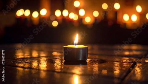 Close-up shot of a solitary lit candle with a shallow depth of field. The blurred background showcases additional candle flames. The foreground is reflecting the flame light