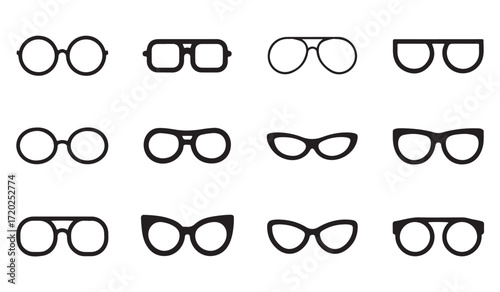 Line and solid vector illustrations of trendy eyewear frames and lenses isolated on white background