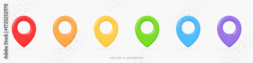 3D Rainbow location pin with shadow. Navigation mark. Travel tag. Minimal elements for map, web and gps. Cartoon creative design icon set isolated on white. 3D Vector illustration