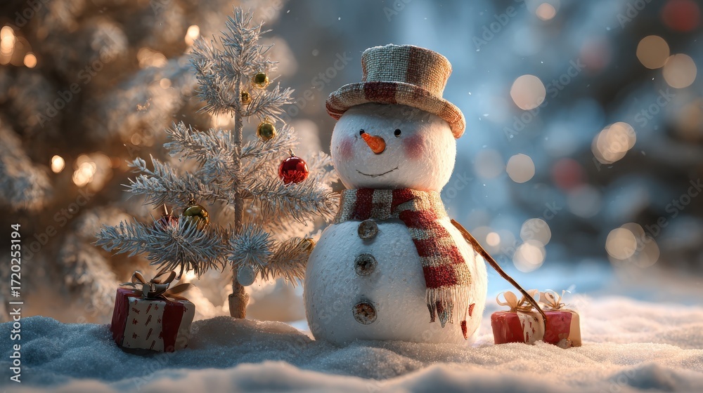 Obraz premium christmas card with snowman and christmas tree