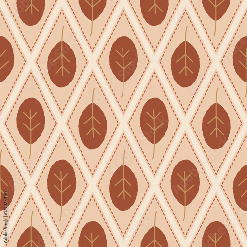 Seamless geometric pattern of red autumn leaves in dashed diamond frames on a soft beige background, perfect for seasonal fabrics, wallpapers, and cozy home decor