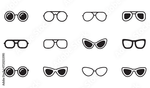Vector set of fashion eyewear including aviator, round, and cat-eye glasses for accessory design themes
