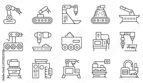 Black stroke icon set of industrial machinery, robotic arms, and automated systems for technology projects