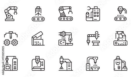 Minimal vector line symbols of manufacturing robots, production equipment, and mechanical tools