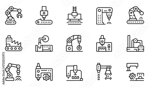 Collection of outline icons of robotic arms, CNC machines, and industrial automation systems isolated on white