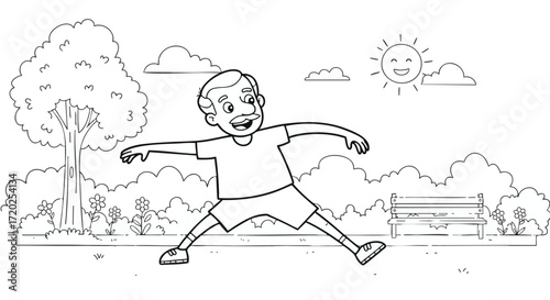 Joyful senior man in park doing stretching exercises on a sunny day with lush greenery and a park bench