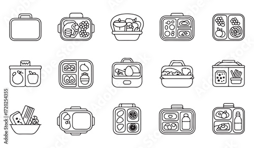 Minimal black stroke symbols of bento boxes, snacks, and drinks for lifestyle, diet, and nutrition projects
