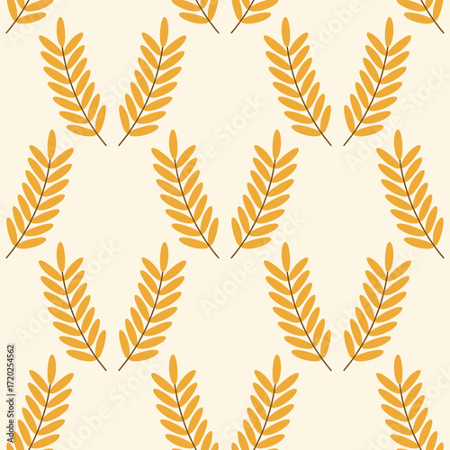 Seamless botanical pattern with scattered orange fern leaves on a soft beige background, ideal for nature-inspired fabric, wallpaper, and organic home decor