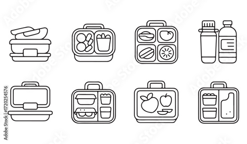 Collection of black line icons of lunchboxes, meal prep containers, and water bottles isolated on white